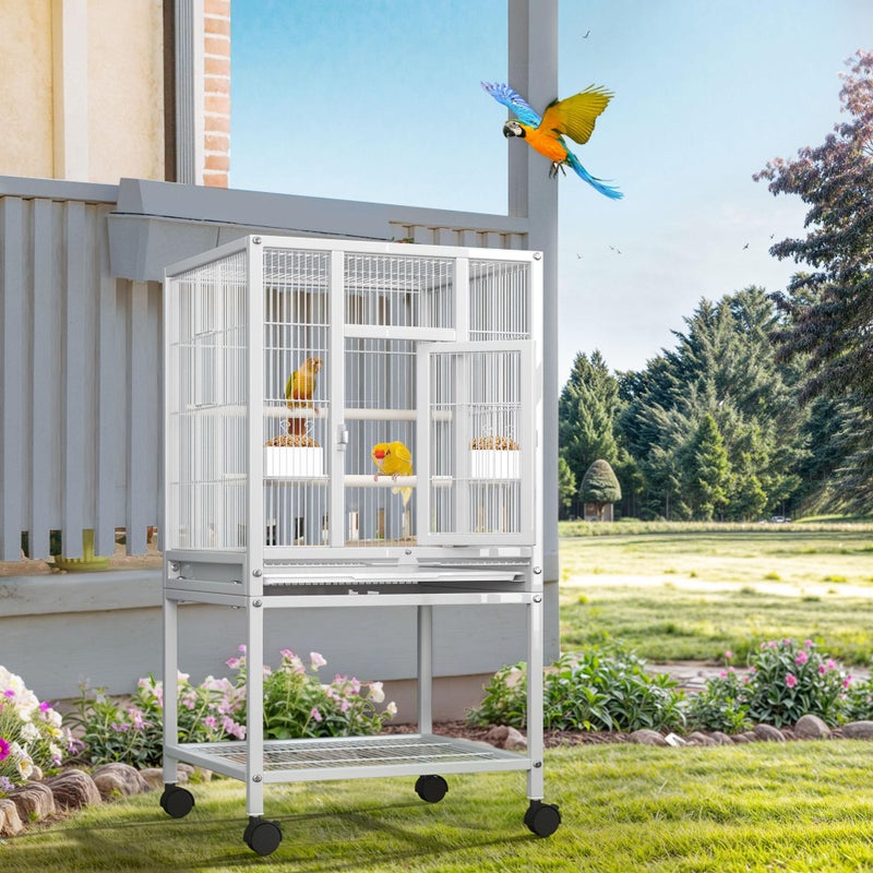 DWVO 41-inch Metal Bird Cage: Large Parrot Cages with Rolling Standâ€‹ - Features Tray, Food Boxes & Wooden Perches for Parakeets, Lovebirds, Cockatiels, Finches and Pigeons, White - Image 3