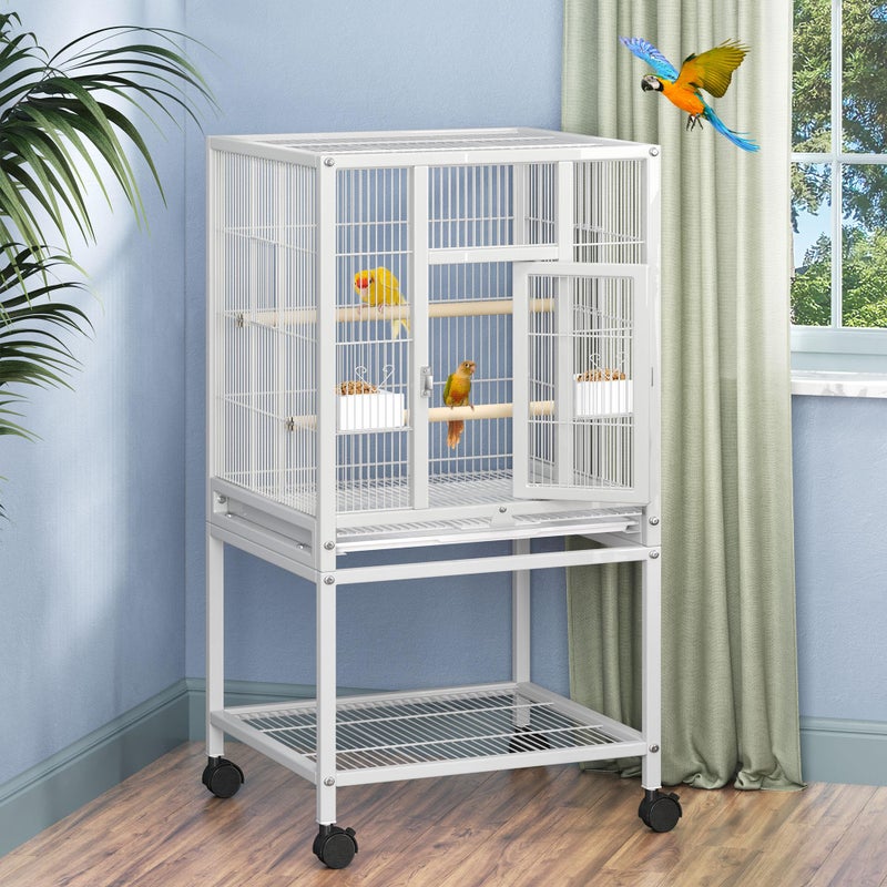 DWVO 41-inch Metal Bird Cage: Large Parrot Cages with Rolling Standâ€‹ - Features Tray, Food Boxes & Wooden Perches for Parakeets, Lovebirds, Cockatiels, Finches and Pigeons, White - Image 1