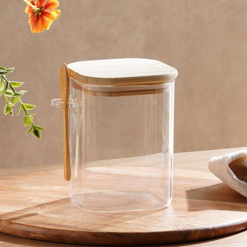 Pan Home Clear Glass Canister With Bamboo Lid and Spoon