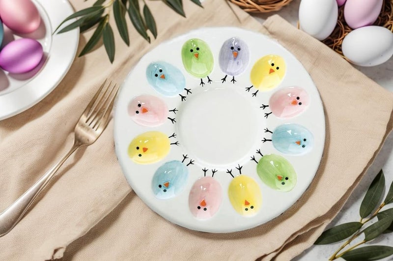 HSHQING Ceramic Deviled Egg Platter Holder Easter Chicks Plates Egg Serving Tray for Hold n Devil Dozen Eggs - Image 2