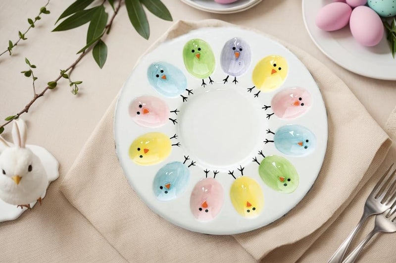 HSHQING Ceramic Deviled Egg Platter Holder Easter Chicks Plates Egg Serving Tray for Hold n Devil Dozen Eggs - Image 4
