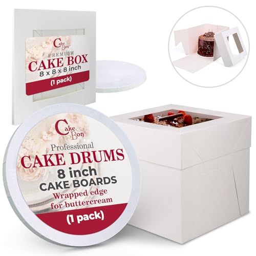 Cakebon Cake Boxes with Boards - 8 Inch Round Cake Drum White (1-pack) - Box With Window for Birthdays, Weddings and Parties - Image 1
