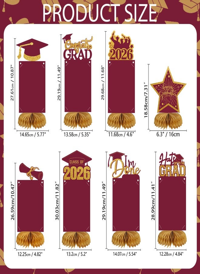 kockuu 8pcs Graduation Decorations Class of 2026 Table Centerpieces, Congrats Glitter Grad Honeycomb Centerpieces for Photo Tables Toppers 2026 Graduation Party Decor (Maroon Gold) - Image 4