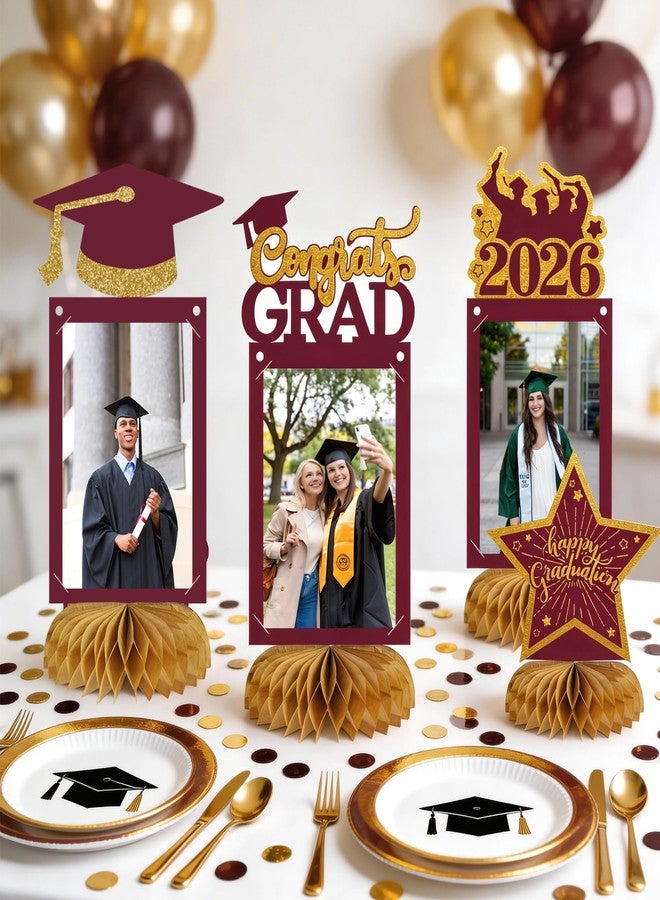 kockuu 8pcs Graduation Decorations Class of 2026 Table Centerpieces, Congrats Glitter Grad Honeycomb Centerpieces for Photo Tables Toppers 2026 Graduation Party Decor (Maroon Gold) - Image 2