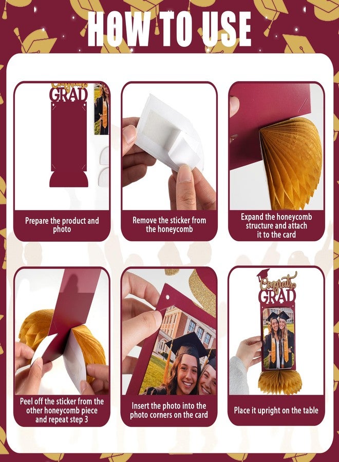kockuu 8pcs Graduation Decorations Class of 2026 Table Centerpieces, Congrats Glitter Grad Honeycomb Centerpieces for Photo Tables Toppers 2026 Graduation Party Decor (Maroon Gold) - Image 3