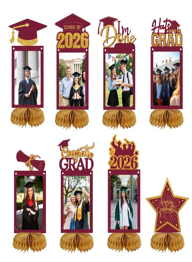 kockuu 8pcs Graduation Decorations Class of 2026 Table Centerpieces, Congrats Glitter Grad Honeycomb Centerpieces for Photo Tables Toppers 2026 Graduation Party Decor (Maroon Gold) - Image 1