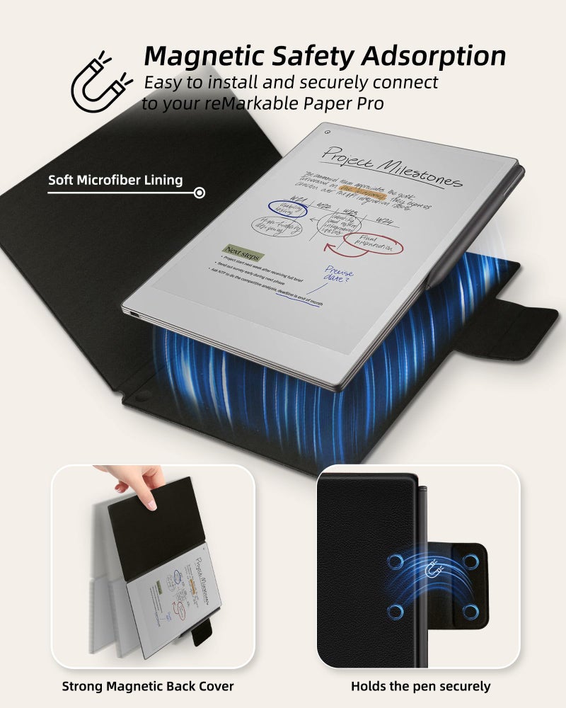 WALNEW Case for Remarkable Paper Pro,Magnetic Slim Book Folio Cover with Pen Clasp, Auto Sleep/Wake Protective Cover for Remarkable Paper Pro 11.8" (2024 Released),Black - Image 3