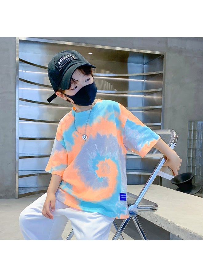 Trendy Brand Tie-dye Boys T-shirt Summer New Korean Style Pure Cotton Mid-big Children's Half-sleeved Children's Short-sleeved Summer Wear