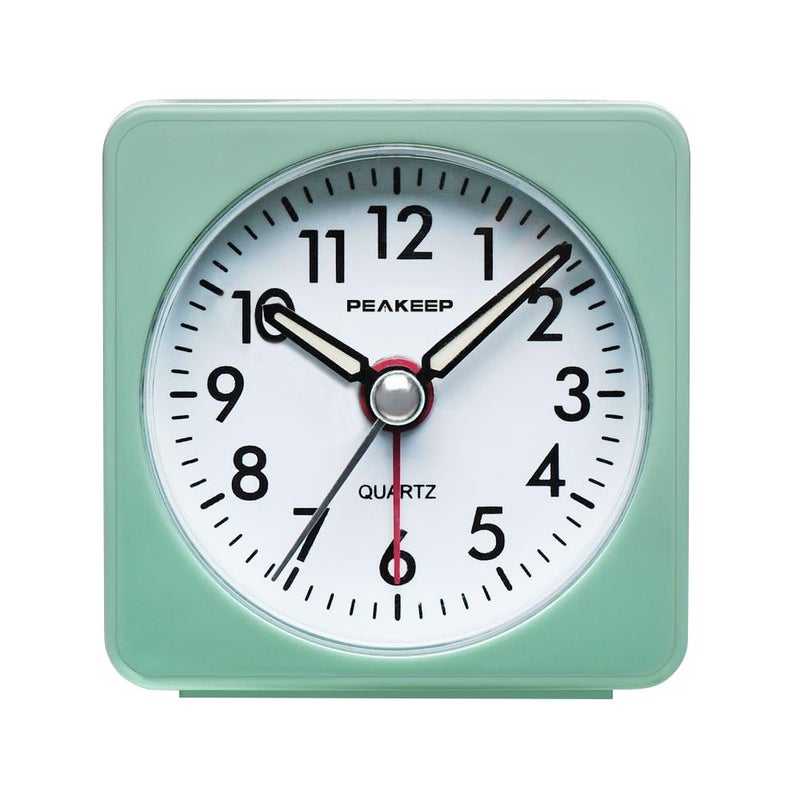 Peakeep Ultra Small Battery Travel Alarm Clock with Snooze and Light Silent with No Ticking Analog Quartz Aquamarine