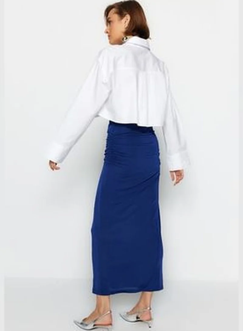 trendyol Navy Blue Premium with a Glossy Finish and Soft Textured Draping Maxi Knitted Skirt TWOAW24ET00090