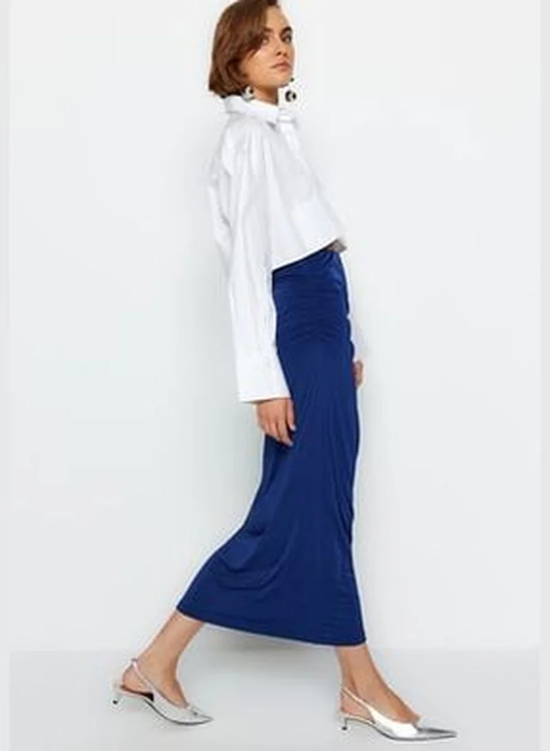 trendyol Navy Blue Premium with a Glossy Finish and Soft Textured Draping Maxi Knitted Skirt TWOAW24ET00090