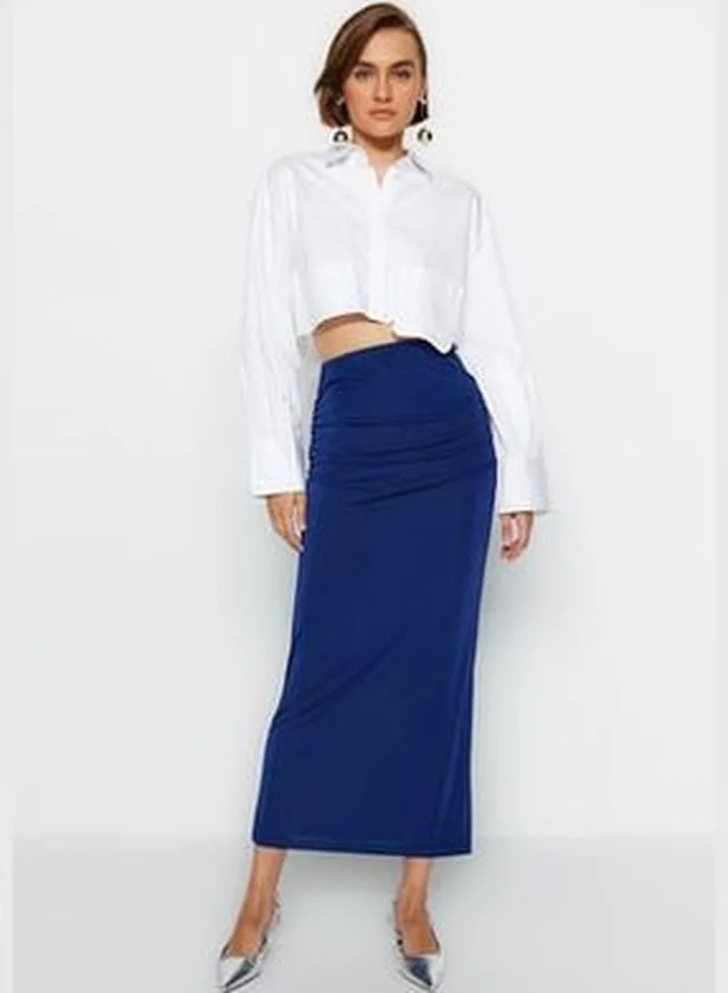 trendyol Navy Blue Premium with a Glossy Finish and Soft Textured Draping Maxi Knitted Skirt TWOAW24ET00090