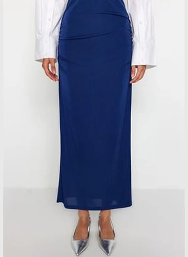 trendyol Navy Blue Premium with a Glossy Finish and Soft Textured Draping Maxi Knitted Skirt TWOAW24ET00090