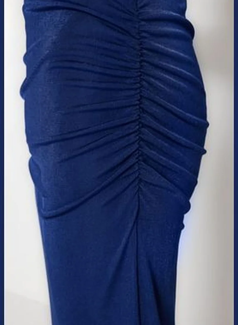 trendyol Navy Blue Premium with a Glossy Finish and Soft Textured Draping Maxi Knitted Skirt TWOAW24ET00090