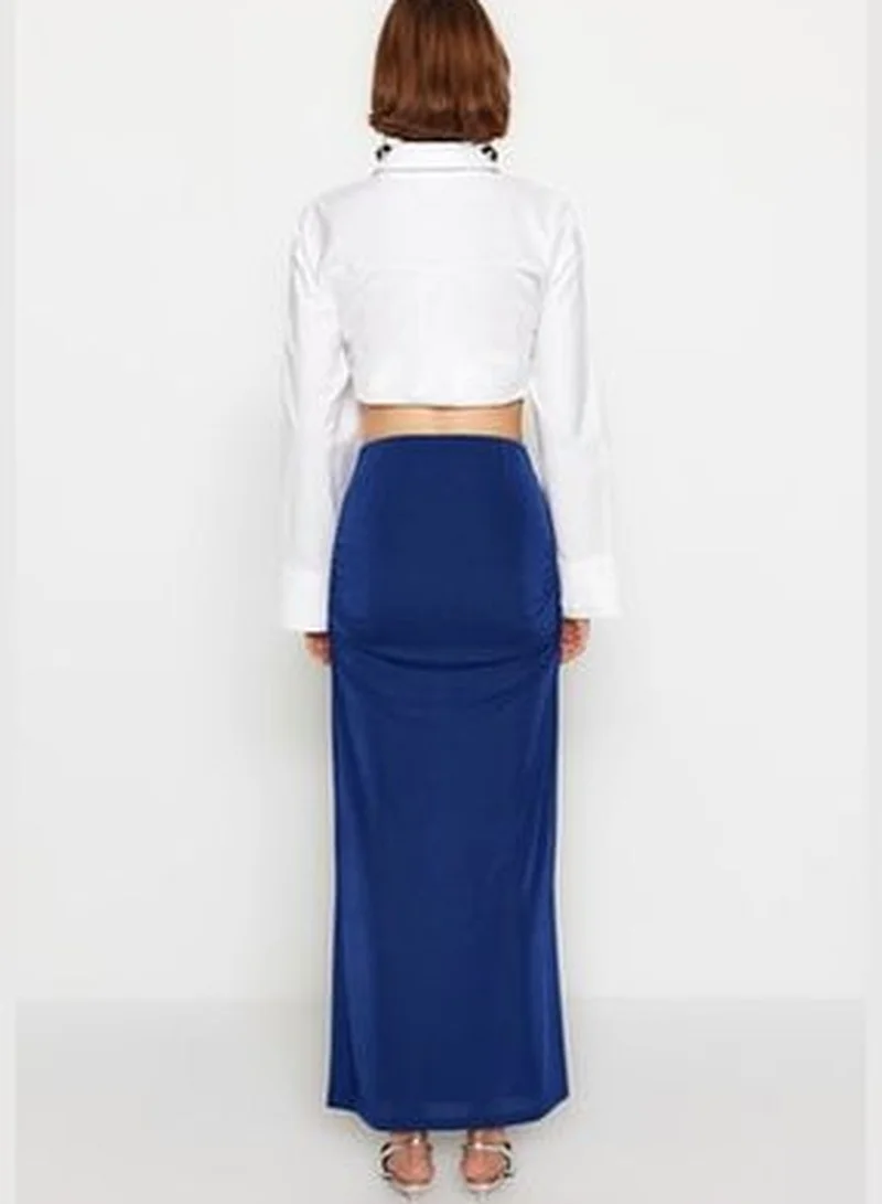 trendyol Navy Blue Premium with a Glossy Finish and Soft Textured Draping Maxi Knitted Skirt TWOAW24ET00090