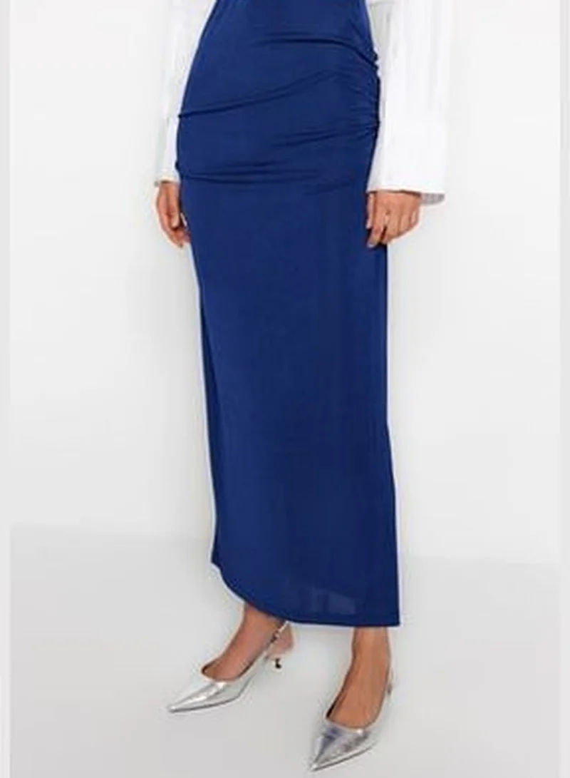 trendyol Navy Blue Premium with a Glossy Finish and Soft Textured Draping Maxi Knitted Skirt TWOAW24ET00090