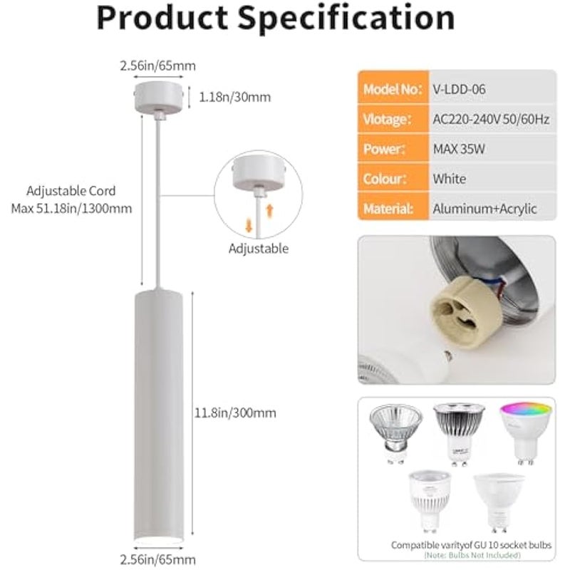 V.nice Kitchen island pendant light, GU10 ceiling light (bulb not included), adjustable pendant light, suitable for dining room, dining table, bar or hallway – WH-S06 - Image 2