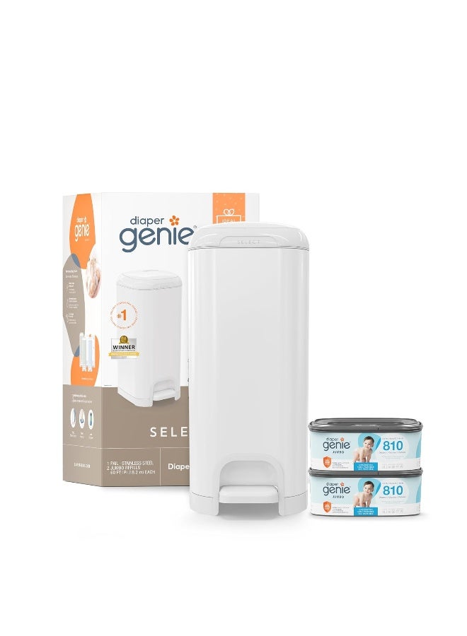 Diaper Genie Select Pail Registry Gift Set (White) | Made of Durable Stainless Steel Metal | Includes 2 Jumbo Refills | Holds 1620 Newborn Diapers - Image 1