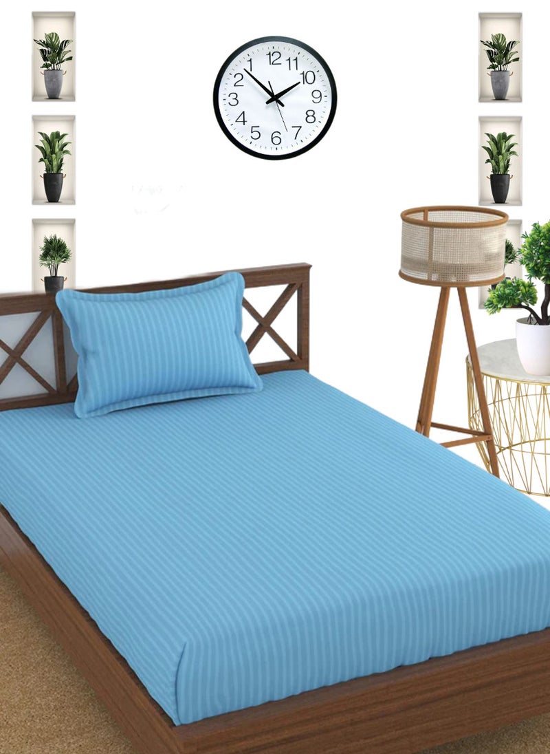 Blueberry Sky Blue Cotton Single Striped Fitted Elastic Bedsheet Set 100x200+15cm - Image 1