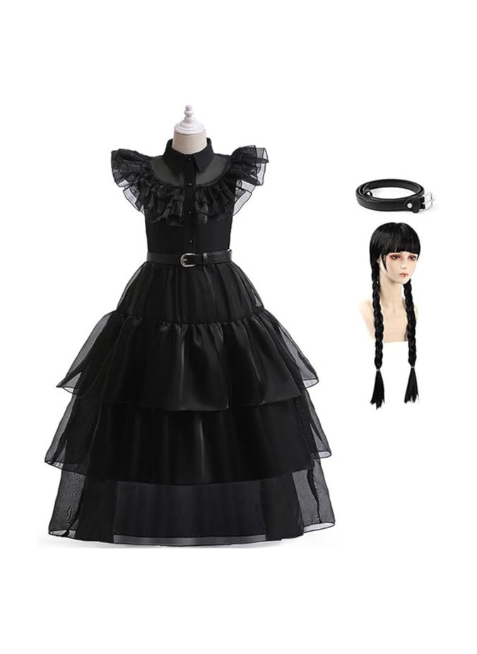AUTOYSUR - Wednesday Adams Black Dance Dress with Belt, Wednesday Cosplay Dress, Pretend Party Costumes, Kids Wednesday Family Costumes, Cosplay Princess Costume - Image 1