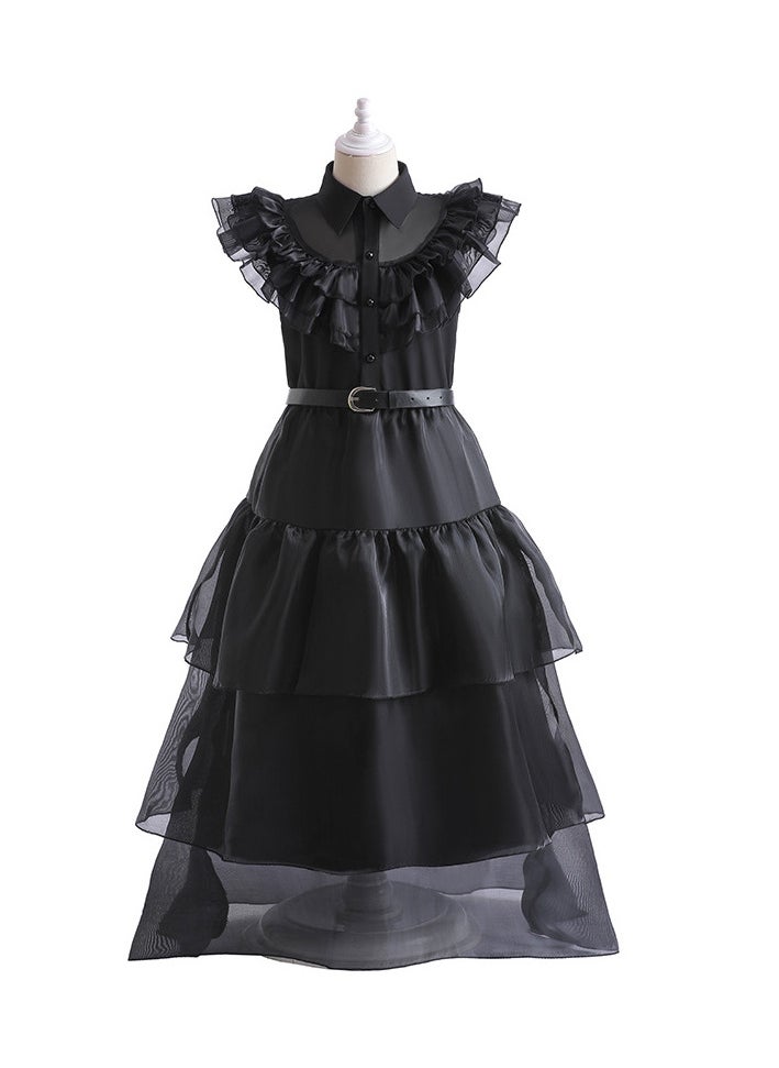 AUTOYSUR - Wednesday Adams Black Dance Dress with Belt, Wednesday Cosplay Dress, Pretend Party Costumes, Kids Wednesday Family Costumes, Cosplay Princess Costume - Image 1