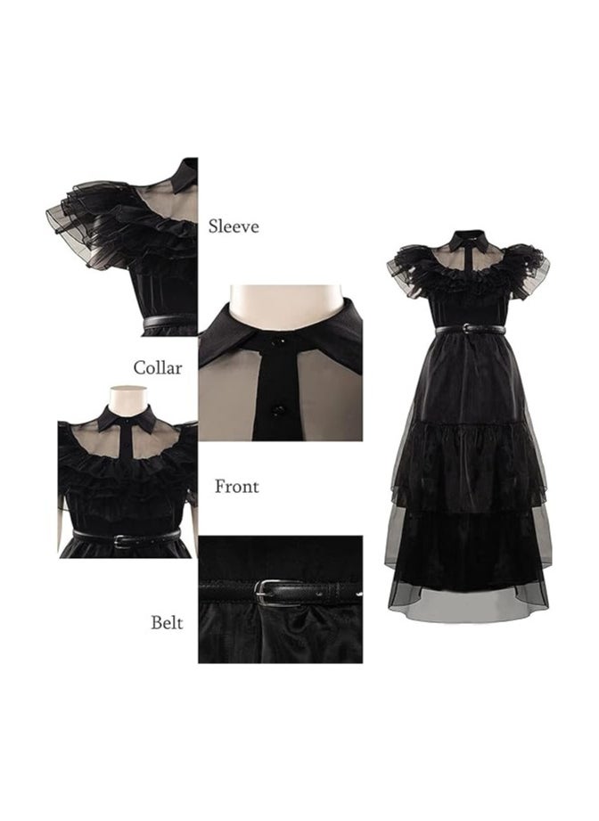 AUTOYSUR - Wednesday Adams Black Dance Dress with Belt, Wednesday Cosplay Dress, Pretend Party Costumes, Kids Wednesday Family Costumes, Cosplay Princess Costume - Image 1