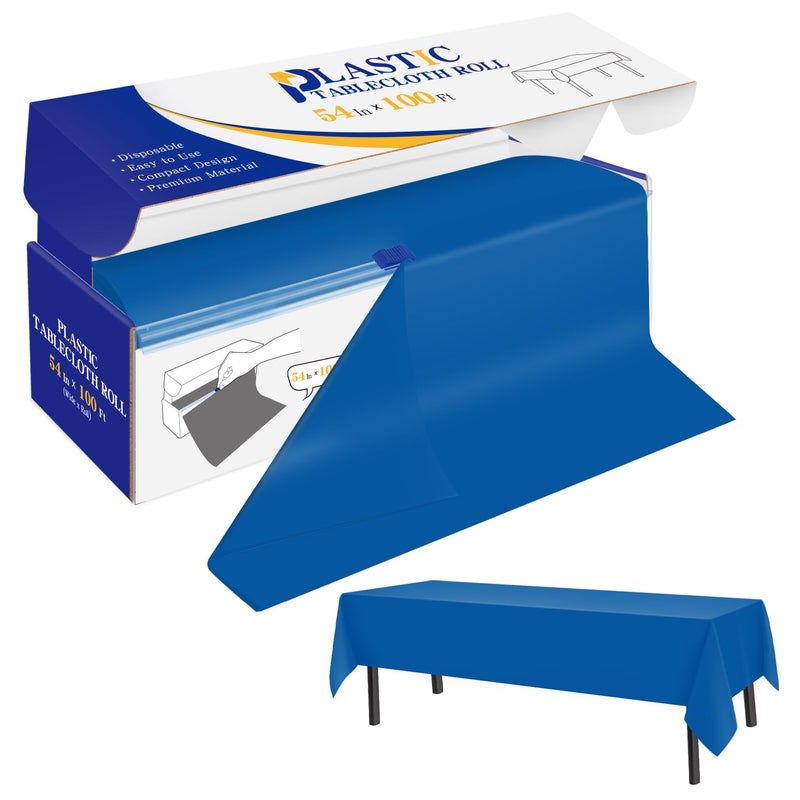 YSYJ Plastic Table Cover Roll Blue Disposable Table Cloth 54 in x 100 Ft Plastic Table Cloths with Slide Cutter Table Cover for Parties
