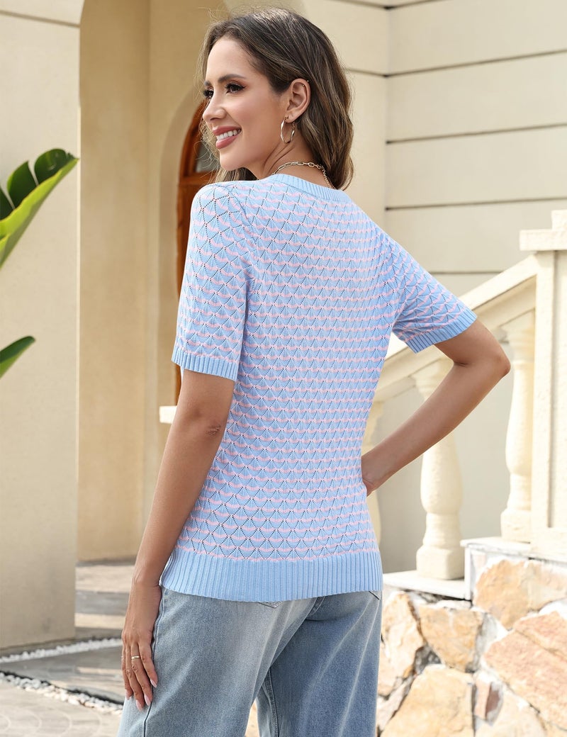 Kistore Women's Henley Clothing Summer Short Sleeve Sweater for Women Crochet Knit Tops Casual Cute Crewneck Outfits Striped Contrast M Blue Pink - Image 3