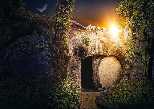 Loccor Fabric 7x5ft Resurrection of Jesus Christ Backdrop Empty Tomb Hole He is Risen Crucifixion at Sunrise Background Lord Pray Christian Christmas Easter Holy Light Religious Belief Photo Prop - Image 1