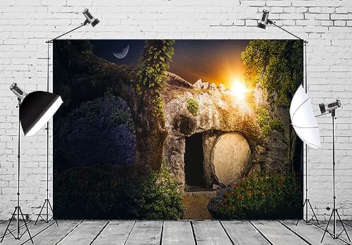 Loccor Fabric 7x5ft Resurrection of Jesus Christ Backdrop Empty Tomb Hole He is Risen Crucifixion at Sunrise Background Lord Pray Christian Christmas Easter Holy Light Religious Belief Photo Prop - Image 4