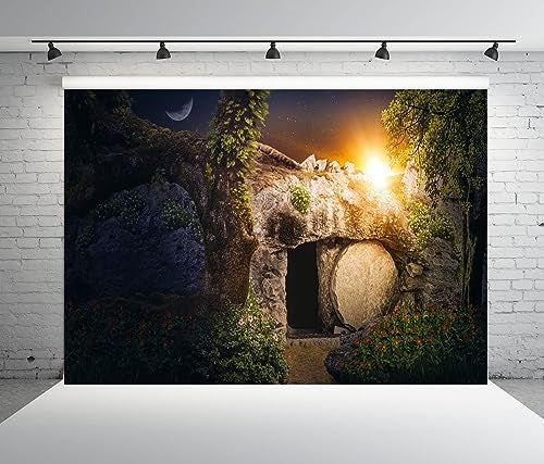 Loccor Fabric 7x5ft Resurrection of Jesus Christ Backdrop Empty Tomb Hole He is Risen Crucifixion at Sunrise Background Lord Pray Christian Christmas Easter Holy Light Religious Belief Photo Prop - Image 3