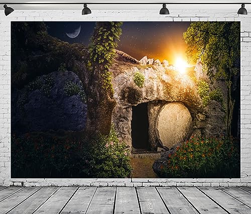 Loccor Fabric 7x5ft Resurrection of Jesus Christ Backdrop Empty Tomb Hole He is Risen Crucifixion at Sunrise Background Lord Pray Christian Christmas Easter Holy Light Religious Belief Photo Prop - Image 2