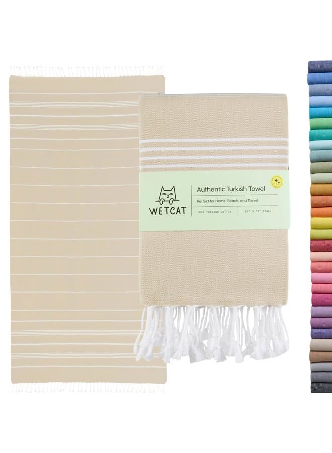 WetCat Turkish Beach Towel Oversized 38x71 100% Cotton Sand Free Quick Dry Extra Large Light Travel Towel for Adults Beach Accessories Gifts - Beige - Image 1
