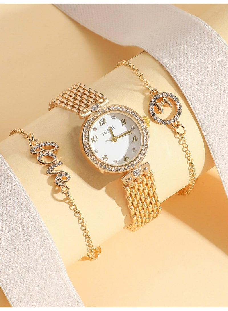 JUSMI Women Watch Sets, 3 Pcs Luxury Fashion Women Watch Set Alloy Strap Ladies Quartz Wristwatch Rhinestone Alloy Bracelet - Image 1