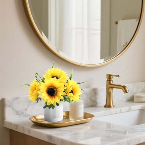 Coferset Sunflower Potted Artificial Flowers Small Fake Plant Yellow Sunflower Small Artificial Plants for Home Office Farmhouse Coffee Table Bathroom Wedding Party Decor(2PCS) - Image 3
