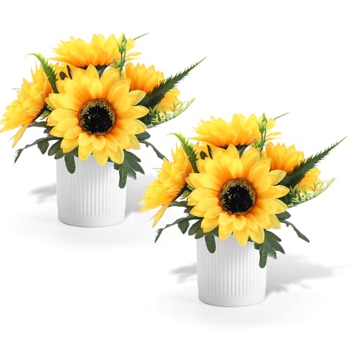 Coferset Sunflower Potted Artificial Flowers Small Fake Plant Yellow Sunflower Small Artificial Plants for Home Office Farmhouse Coffee Table Bathroom Wedding Party Decor(2PCS) - Image 1
