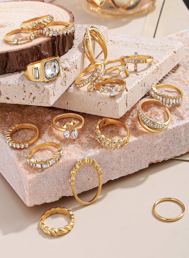 17IF 18 PCS Dainty 14K Gold Ring Set for Women Sparkle Chunky Quartet Diamoned Clean Aesthetic Cross Snake Cherry Classy Designs Plus Size for Stacking on Thumb Knuckle - Image 4