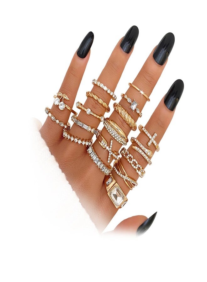 17IF 18 PCS Dainty 14K Gold Ring Set for Women Sparkle Chunky Quartet Diamoned Clean Aesthetic Cross Snake Cherry Classy Designs Plus Size for Stacking on Thumb Knuckle - Image 1