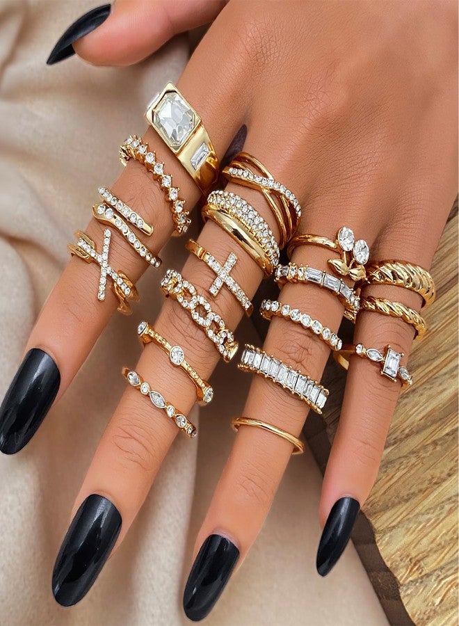17IF 18 PCS Dainty 14K Gold Ring Set for Women Sparkle Chunky Quartet Diamoned Clean Aesthetic Cross Snake Cherry Classy Designs Plus Size for Stacking on Thumb Knuckle - Image 2