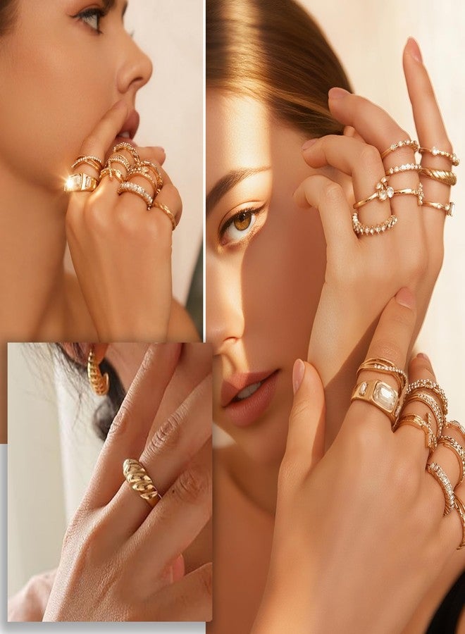 17IF 18 PCS Dainty 14K Gold Ring Set for Women Sparkle Chunky Quartet Diamoned Clean Aesthetic Cross Snake Cherry Classy Designs Plus Size for Stacking on Thumb Knuckle - Image 3