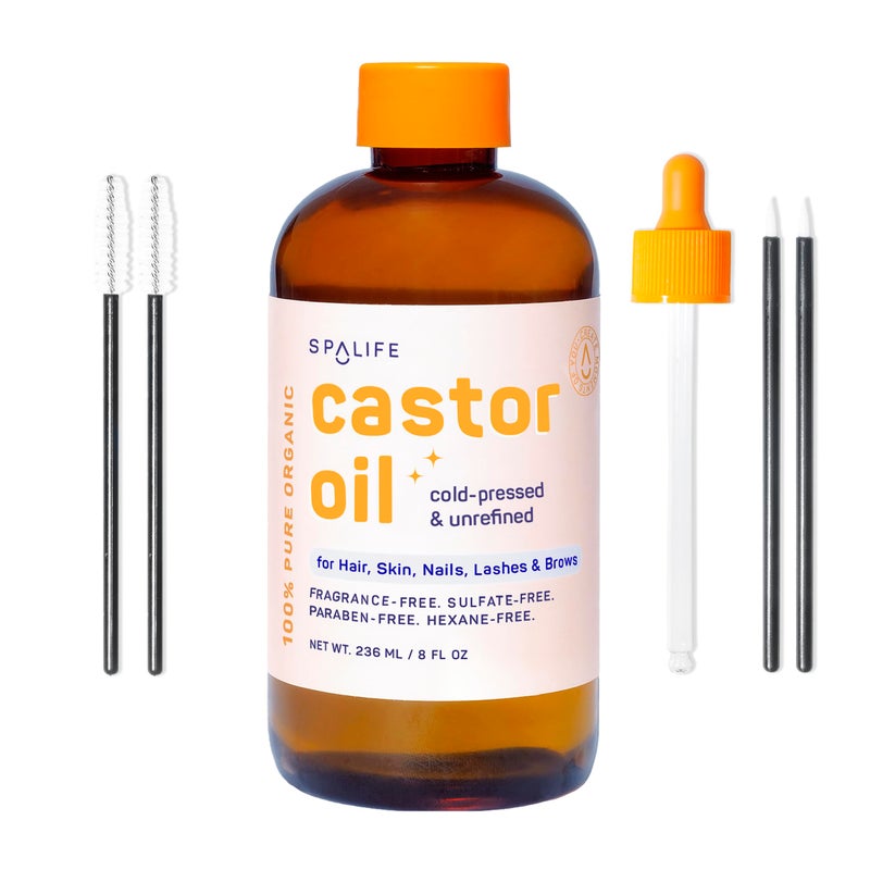 SpaLife Organic Cold Pressed Castor Oil for Face, Brows, Hair, Skin, Nails, & Lashes | Hexane Free Cold Pressed Castor Oil & 2x Brow Brushes, 2x Lash Line Applicators, and Dropper | 8 FL OZ - Image 1
