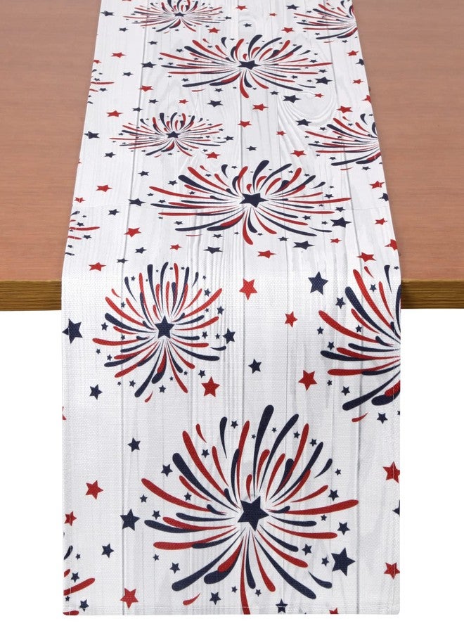 Quera Fireworks Table Runner 4th of July Patriotic Memorial Day Independence Day Holiday Kitchen Dining Table Decoration,Holiday Burlap Table Cover, 13 x 70 Inch, Americana Stars, Red, White, Blue. - Image 1