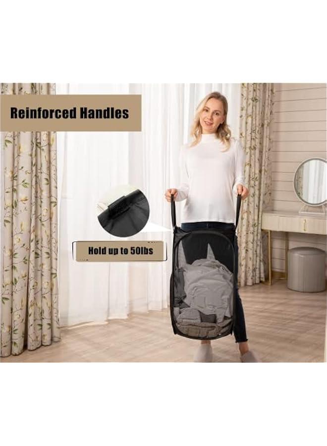 2 Pcs Strong Mesh Pop-up Laundry Hamper, Quality Pop Up Hampers for Laundry with Durable Handles Solid Bottom High Carbon Steel Frame, Easy to Open and Fold Flat for Storage(Black) - Image 3