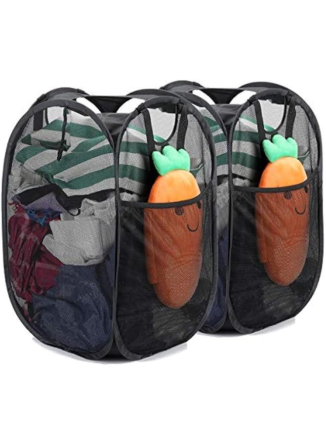 2 Pcs Strong Mesh Pop-up Laundry Hamper, Quality Pop Up Hampers for Laundry with Durable Handles Solid Bottom High Carbon Steel Frame, Easy to Open and Fold Flat for Storage(Black) - Image 1