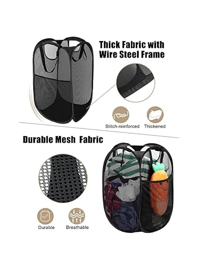 2 Pcs Strong Mesh Pop-up Laundry Hamper, Quality Pop Up Hampers for Laundry with Durable Handles Solid Bottom High Carbon Steel Frame, Easy to Open and Fold Flat for Storage(Black) - Image 4