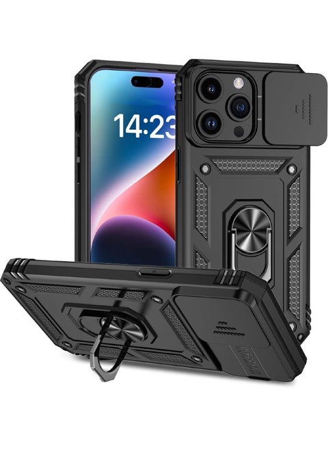 iPhone 15 Pro Max Case, Slide Camera Cover, Built in 360° Rotate Ring Kickstand, Drop Proof Shockproof Test, Heavy Duty Shockproof Protective Case for iPhone 15 Pro Max 6.7 inch Black