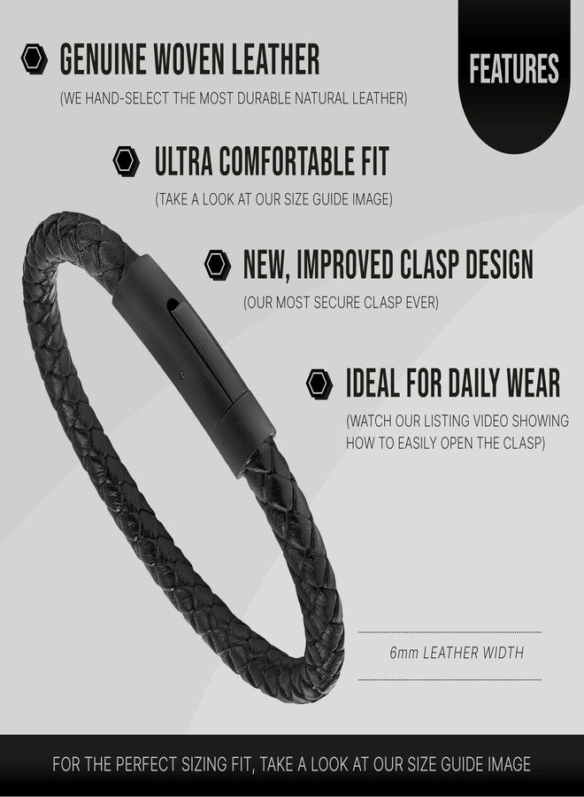 LUXAR Men’s Genuine Leather Bracelet | Interwoven Black Leather Bracelets with Brush Stainless Steel Clasp | Minimalist, Designer Jewelry for Men (Black Round, Medium) - Image 3