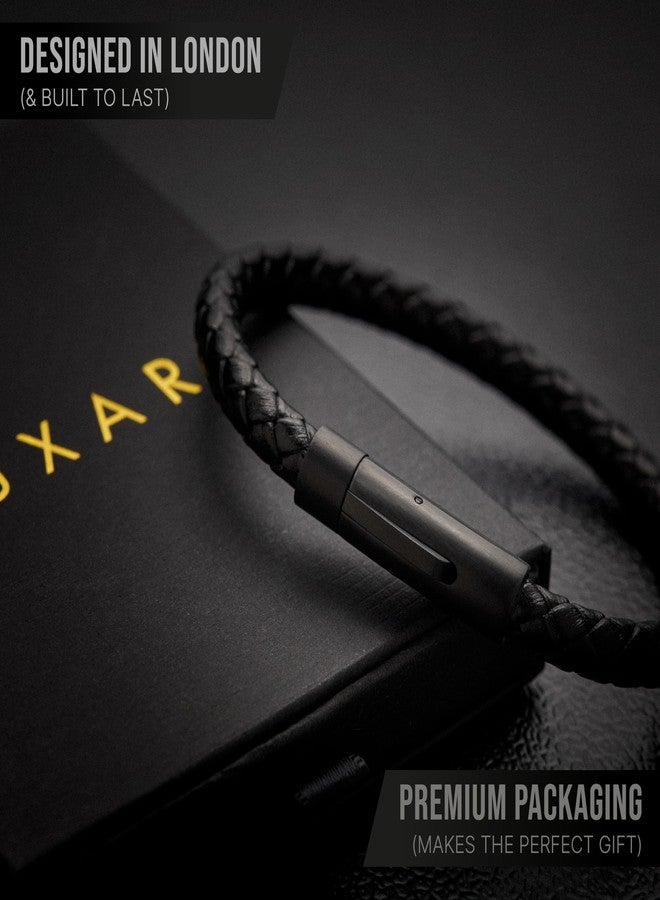 LUXAR Men’s Genuine Leather Bracelet | Interwoven Black Leather Bracelets with Brush Stainless Steel Clasp | Minimalist, Designer Jewelry for Men (Black Round, Medium) - Image 2