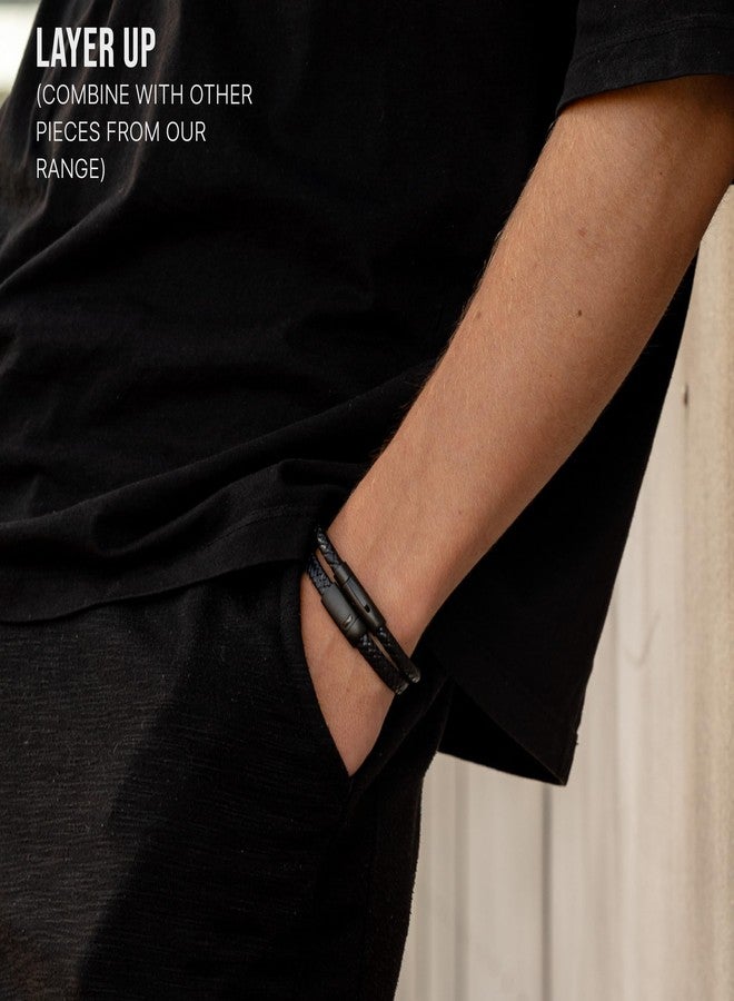 LUXAR Men’s Genuine Leather Bracelet | Interwoven Black Leather Bracelets with Brush Stainless Steel Clasp | Minimalist, Designer Jewelry for Men (Black Round, Medium) - Image 4
