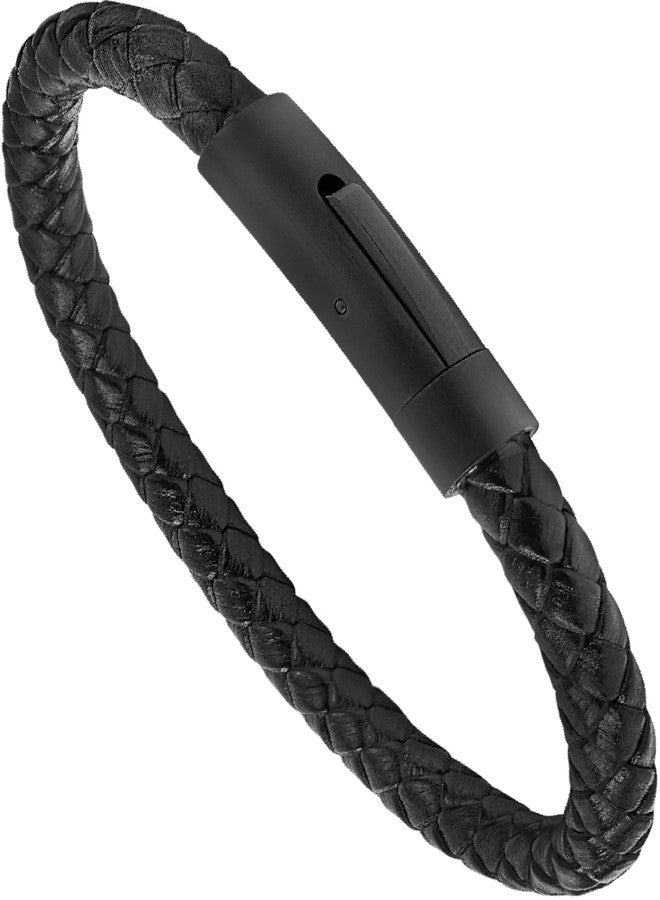 LUXAR Men’s Genuine Leather Bracelet | Interwoven Black Leather Bracelets with Brush Stainless Steel Clasp | Minimalist, Designer Jewelry for Men (Black Round, Medium) - Image 1